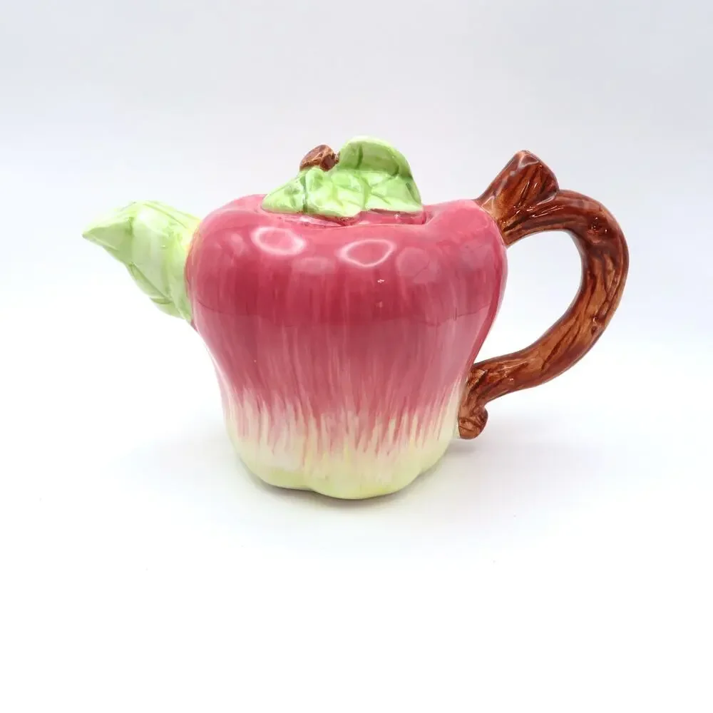 Vintage Apple Shaped Ceramic Teapot Single Serve Reddish Pink and Green 8 Oz